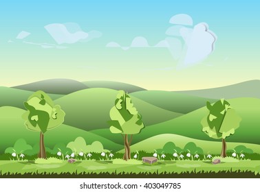 landscape of hills with trees flowers vector illustration 