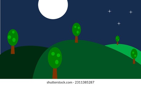 Paisaje de colinas con árboles bajo la luna, las estrellas y el cielo