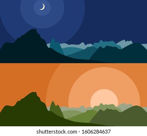 landscape with hills ,Two tone mood night and sunset sky