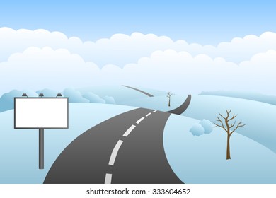 Landscape hills winter day road billboard illustration vector