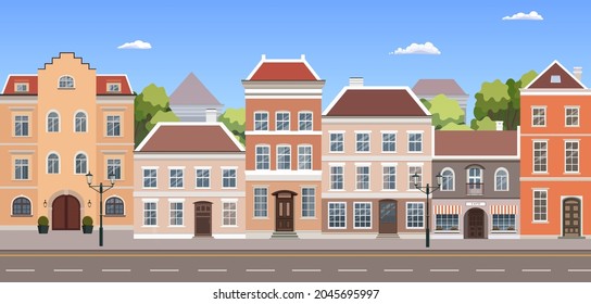 The landscape of the historic city. City street with old buildings, cafes, lanterns. Flat vector illustration.