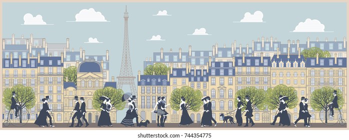 The landscape of the historic part of Paris, the promenade, old traditinal buildings, palaces and walking people. Handmade drawing vector illustration. Vintage style.