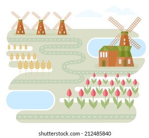 Landscape In Holland. Vector illustration with windmills and road between lakes and fields with wheat and tulips. Classic Dutch landscape. Traveling theme series. Map elements. Flat style.