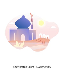 Landscape holy mosque with natural plant in bubble shaped background. Islamic greetings Ramadan Kareem and Eid Mubarak card flat design UI style for Muslim community celebration. Vector illustration.