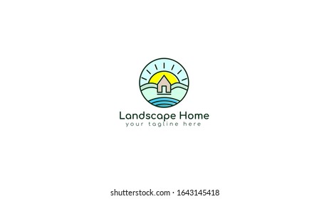 landscape home logo design, the concept of lines with a picture of a landscape in which there is a house, water and sun