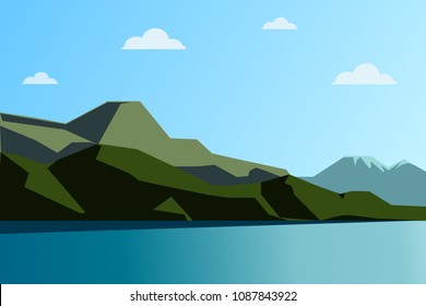 landscape, horizon, lake, beach, flat, sea, mountain, vector, background, illustration, sky, nature, summer, blue, mountains, water, view, bay, coast, ocean, environment, travel, outdoor, day, tourism