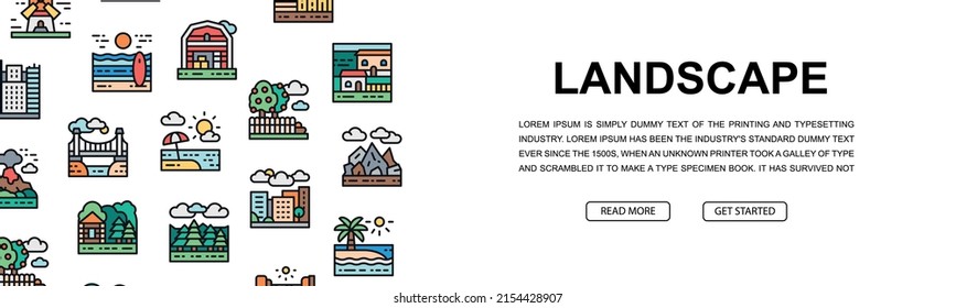 Landscape horizontal icon banner design. Bridge, Forest, Garden, Volcano, Windmill promotion illustration for web page, header presentation.