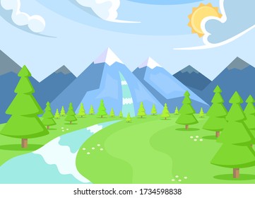 Landscape Horizontal Scene Snowy mountains, with waterfalls flowing down through forests and large green grass on a clear day with sunlight through the clouds. Vector illustration flat design. Nobody.