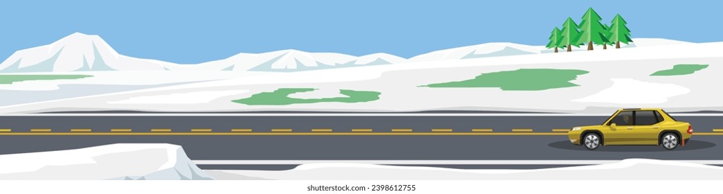 Landscape or horizontal travels of sedan car with driving for banner. Asphalt road near the wide open space of snow and mountain under clear sky. Copy Space Flat Vector or Illustration.