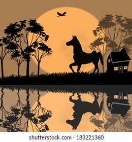 landscape with horse at night near a house , vector illustration