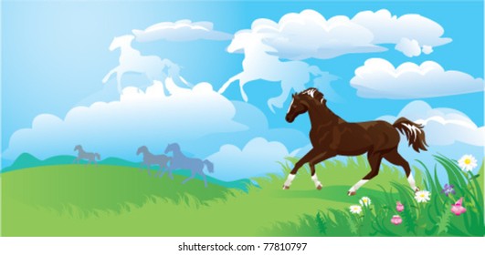 Landscape with horses and clouds