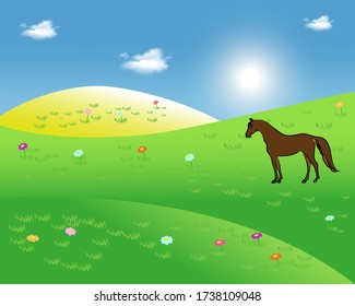 Landscape with horses and clouds. Horse silhouette on grassland in the rolling hills illustration in the flat style.