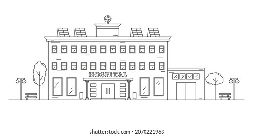 Landscape with a hospital building drawn with contour lines on a white background. Editable stroke. Energy saving. Eco energy. Vector illustration in line art style.