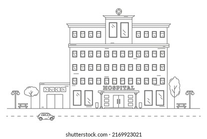 Landscape with a hospital building drawn with contour lines on a white background. Editable stroke. Energy saving. Eco energy. Vector illustration in line art style.