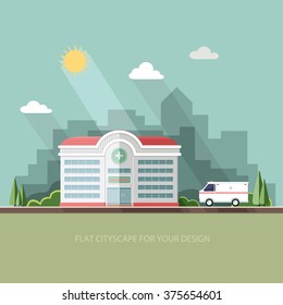 landscape. Hospital on the background of the city. Clinic building with ambulance car. Flat vector illustration.