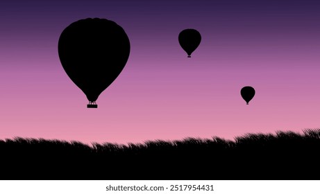 Landscape with hot air balloons, flat color illustration