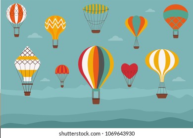 Landscape with hot air balloons. Vintage banner with retro aerostats of different shapes flying over the hills or mountains. Air craft adventure, romantic flight trip, touristic ballooning journey.