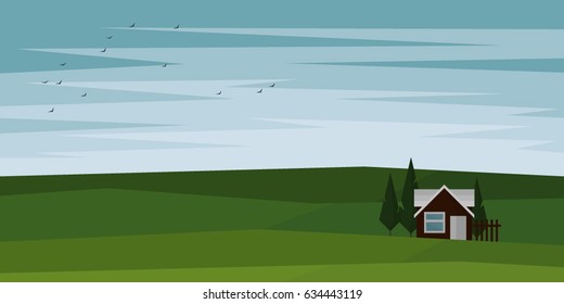 Landscape with a house and birds. Flat illustration.