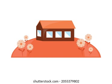 landscape house and flowers cartoon