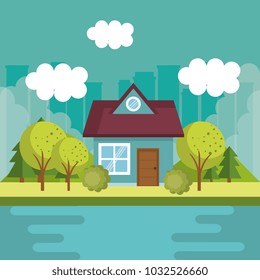 landscape with house and lake scene