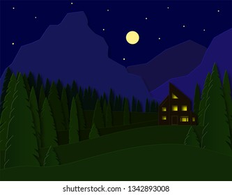 Landscape with a house in the mountains. Spruce forest and fields. 3d paper cut design. Advertising travel and recreation. Vector illustration