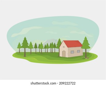 Landscape of a house in the mountains surrounded by trees on a beautiful day (vector).