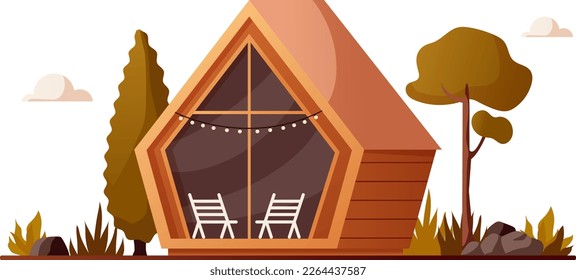 Landscape with a house in nature. Rock view vector illustration with stones, villa and bushes. Drawing for banner, background or card. Glamping cabin, camping in foest. glass and wood chalet