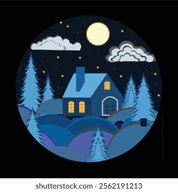 Landscape house on the background of the night sky  .cut paper effect illustration .suitable for customize card and wallpaper mobile,desktop 