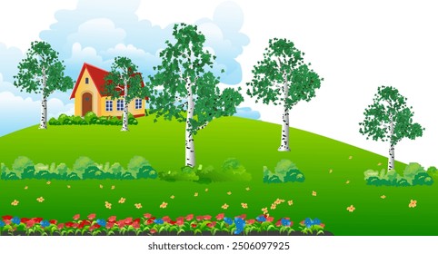 Landscape with a house on the hill with many beautiful birch trees nearby. Vector illustration.