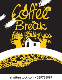 Landscape with house on the lake and a cup of coffee