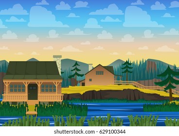 Landscape of house on river. Vector illustration in cartoon style.