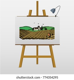 Landscape with house. Plowed field. Hand drawn vector stock illustration.