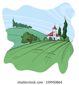 landscape with a house, poplars, and clouds