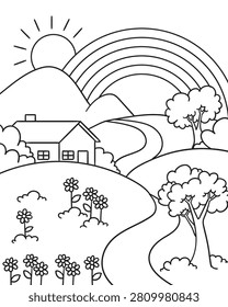 Landscape with House and Rainbow Coloring Book Illustration