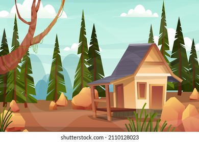Paisaje con casa en la escena primaveral de parque natural o bosque en el campo, ilustración vectorial