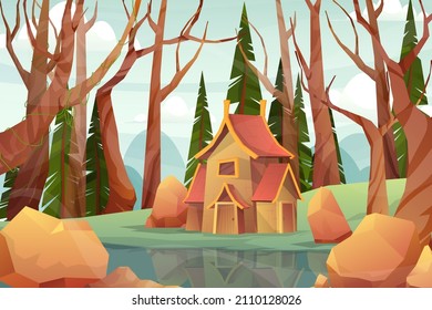 Paisaje con casa en la escena primaveral de parque natural o bosque en el campo, ilustración vectorial