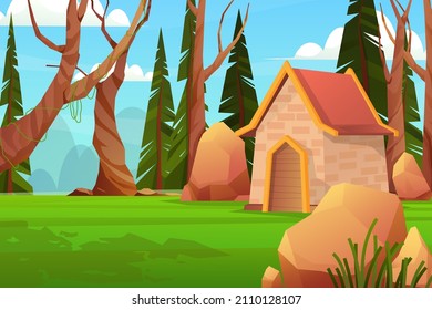 Landscape with house in spring scene of natural park or forest in countryside, Vector illustration