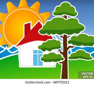 Landscape. House. Tree. Good weather. For your design.
