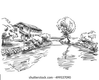 Landscape with house and trees next to river Vector sketch Hand drawn illustration