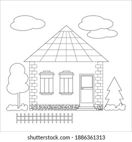 Landscape with a house and trees on a white background. Coloring book for children and adults