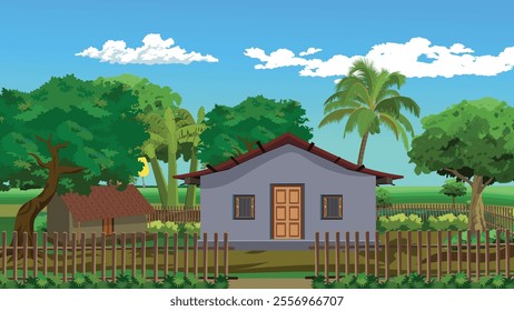 landscape with a house and trees In a Rural village beside a dirt road.Countryside hut sorrounded by wooden fench