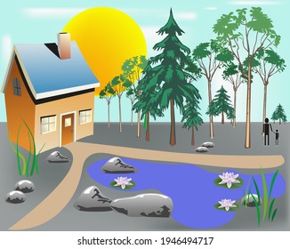 landscape with a house trees stream and people outdoor recreation