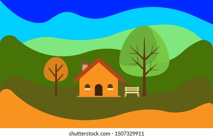 landscape with house and trees vector flat design