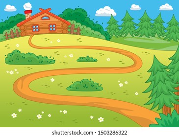 Landscape house vector illustration. Cute vector house on the green meadow. Cartoon landscape vector background