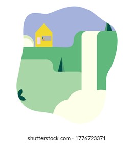 Landscape with house and waterfall in mountains illustration. Simple minimalism graphics 