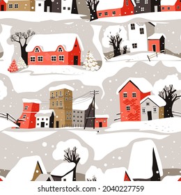 Landscape with houses and buildings, winter city streets covered with snow. Snowfall and bad weather conditions in rural area or small town. Seamless pattern, background or print, vector in flat style