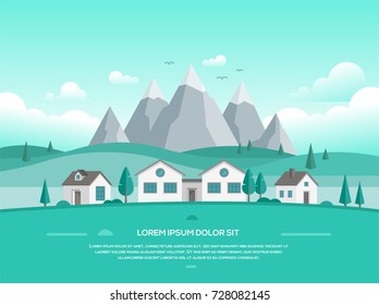 Landscape with houses by the mountains - modern vector illustration with place for your text in turquoise shades. Valley with hills, trees, low storey suburban houses, blue sky with clouds, birds