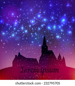Landscape of houses and church silhouette on magic background with rain of light with bokeh and glowing