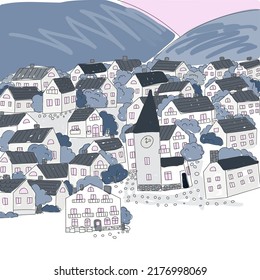 landscape with houses doodle vector background illustration