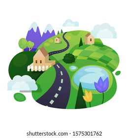landscape houses hills green mountain white background